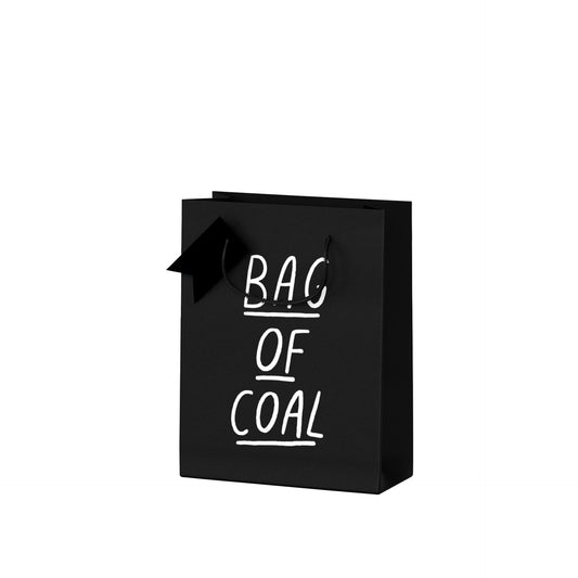 Black Christmas gift bag with white text that reads Bag Of Coal
