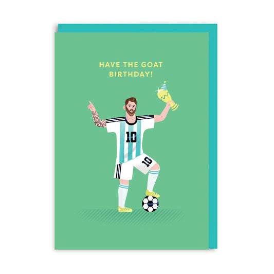 Green Happy Birthday Card with a Lionel Messi illustration and caption Have the GOAT birthday