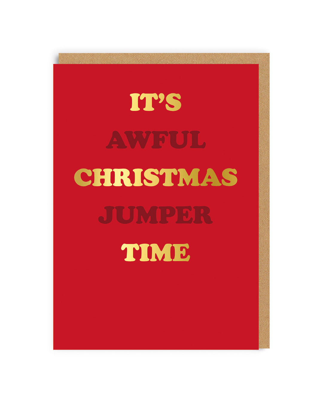 Red Christmas Card with text the reads It's Awful Christmas Jumper Time