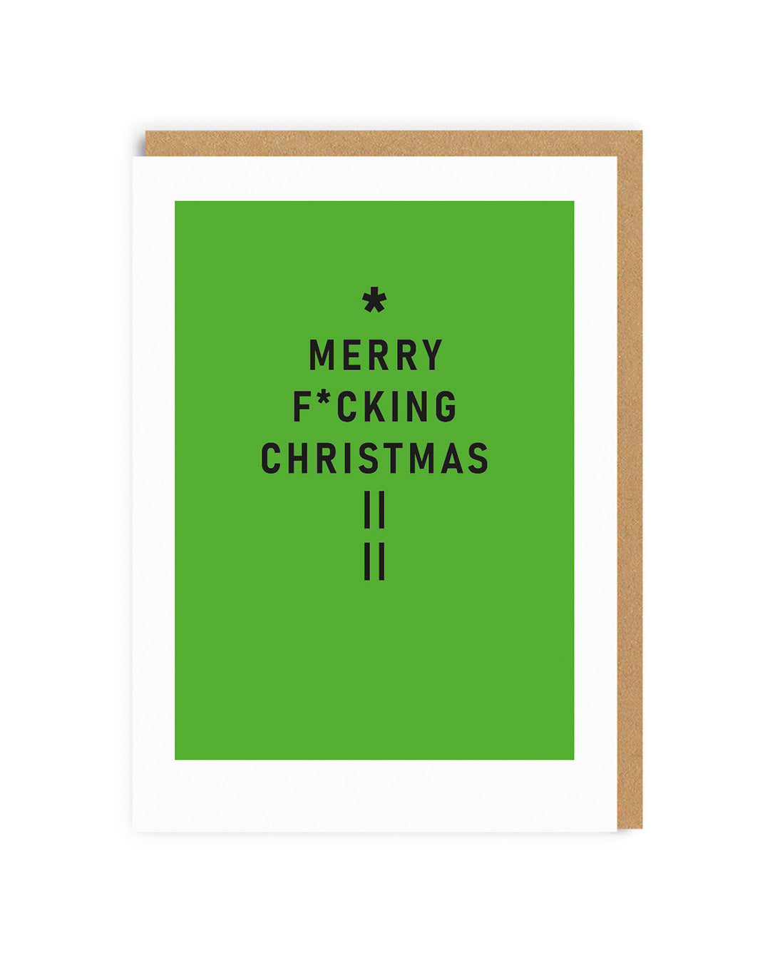 green christmas card with black text that reads Merry F*cking Christmas in the shape of a Christmas Tree