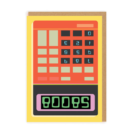 greeting card with an upside down calculator illustration displaying the number 58008 which spells boobs