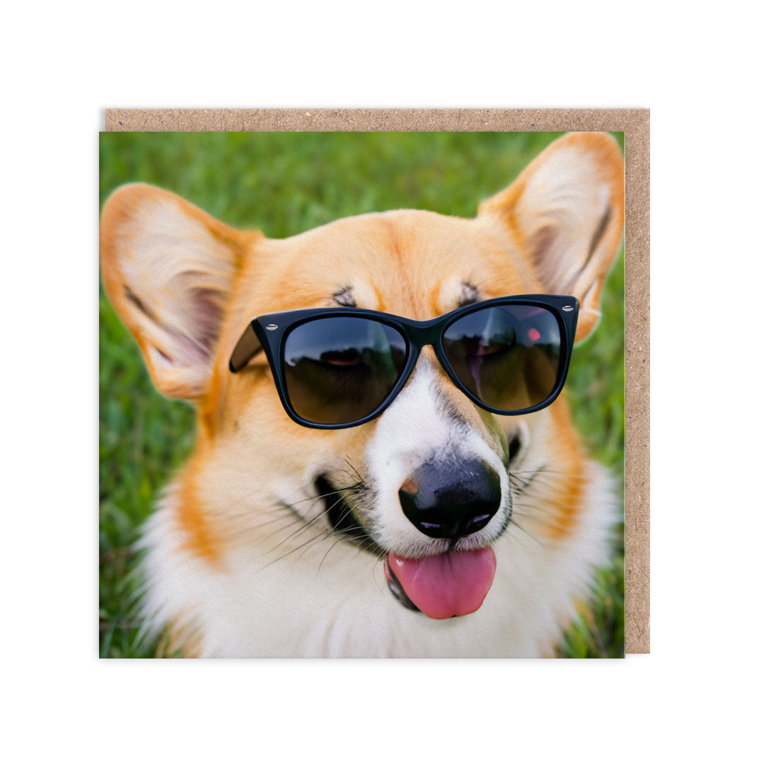Square greeting card, features an image of a Corgi wearing sunglasses.
