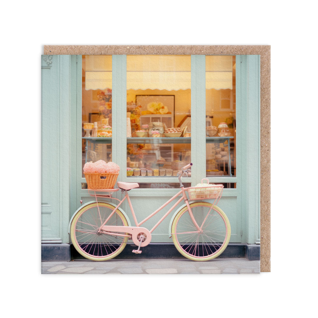 Greeting card featuring an image of a bike outside a Parisian bakery
