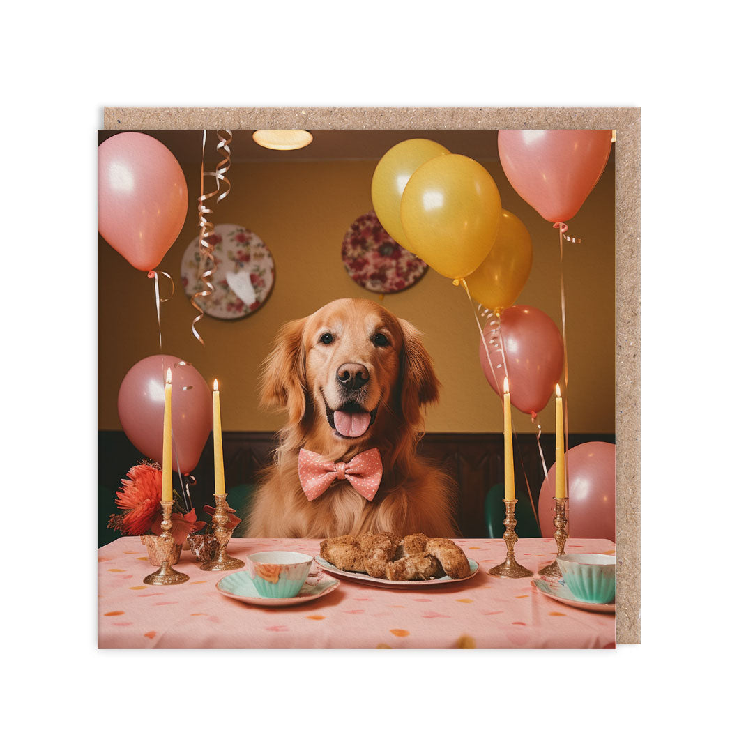 A birthday card with an image of a dog in a bowtie at a part table
