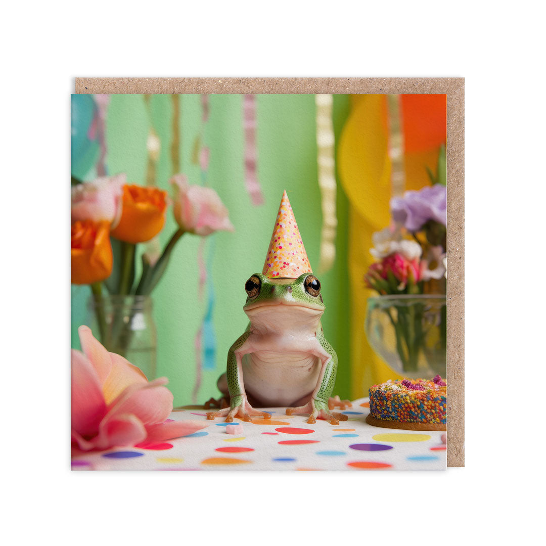 Birthday Card with an image of a frog in a party hat on a party table.