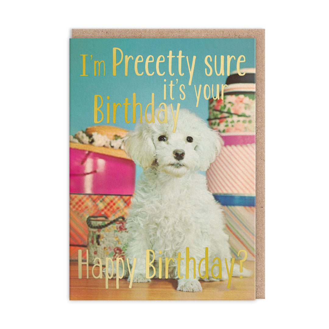 Birthday card with an image of a dog surrounded by presents. Gold foil text reads "I'm Preeetty sure it's your birthday. Happy Birthday?" 