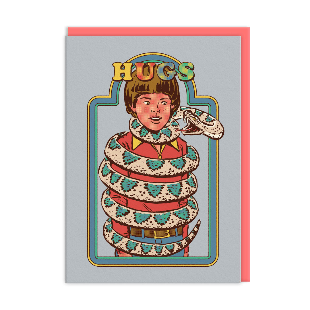 Greeting card with a retro style illustration of a snake wrapped around a child. Text reads "Hugs"