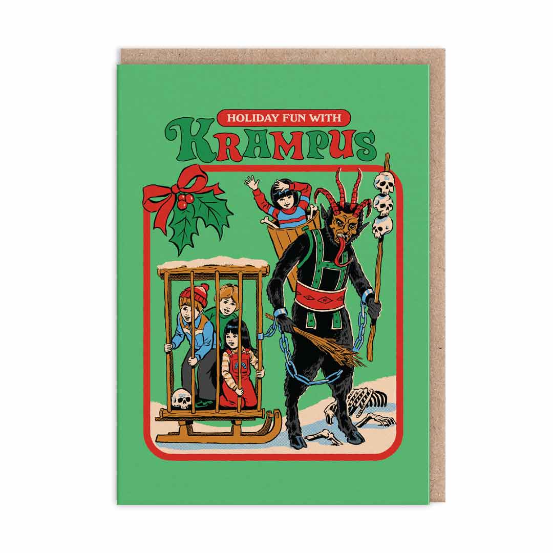 Green Christmas Card with retro style illustration of Children and the Krampus. Text reads "Holiday Fun With Krampus"