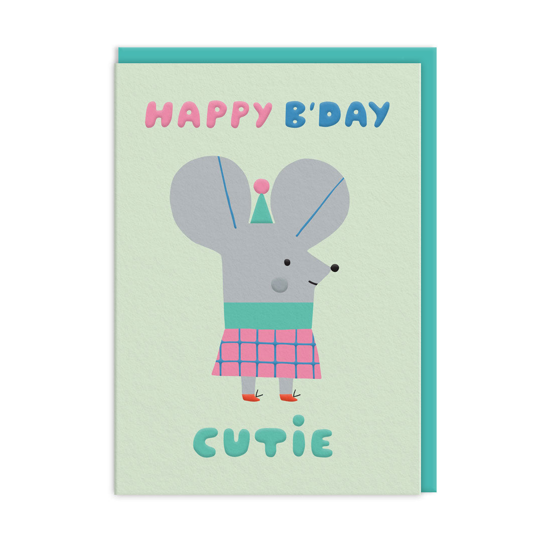 Cutie Mouse Green Birthday Card Text read "Happy B'Day Cutie"