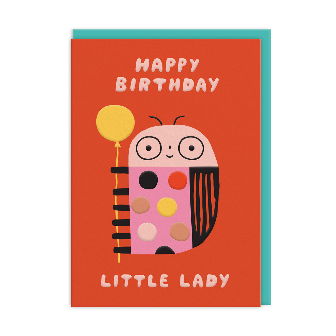 Little Lady Birthday Card, Red background with colourful lady bird design holding a balloon reads 'happy birthday little lady'