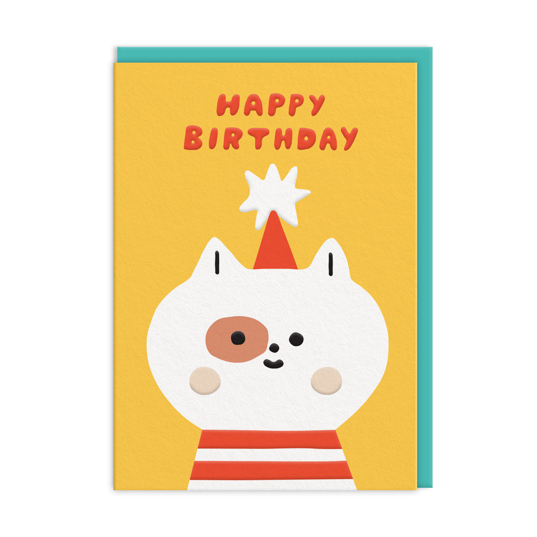 Cat wearing striped top and party hat, solid yellow background cards reads 'Happy Birthday'