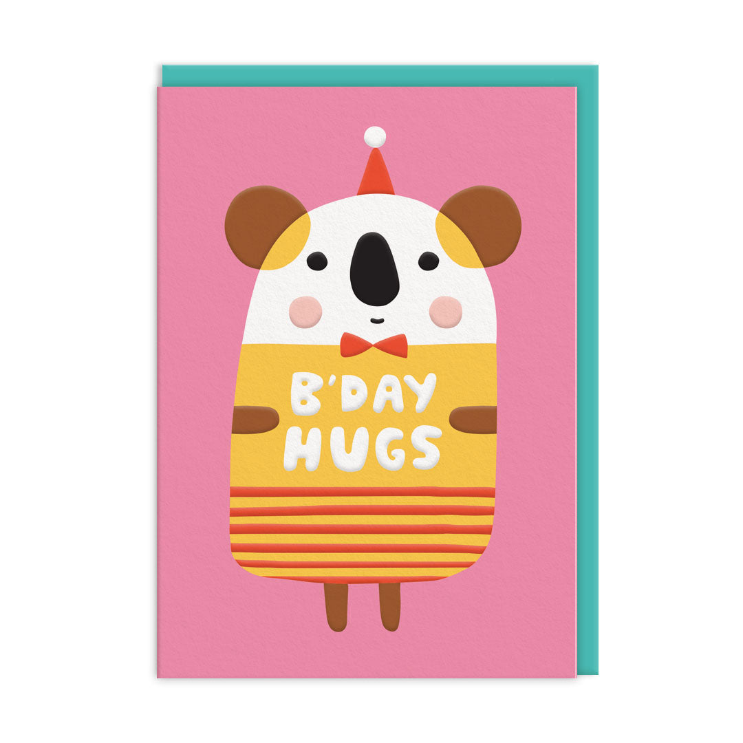 Koala Hugs Birthday Card, colourful koala bear with solid pink background. Card reads 'b'day hugs'