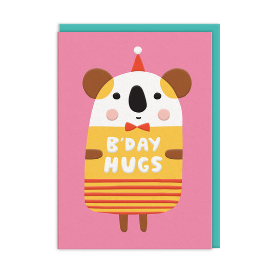 Koala Hugs Birthday Card, colourful koala bear with solid pink background. Card reads 'b'day hugs'