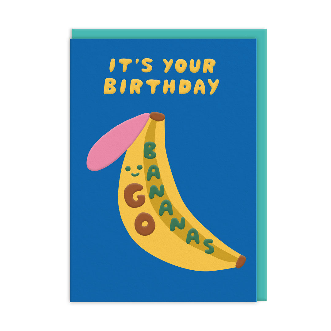 Go Bananas Birthday Card, solid blue card with a groovy banana illustration, card reads 'It's your birthday go bananas' 