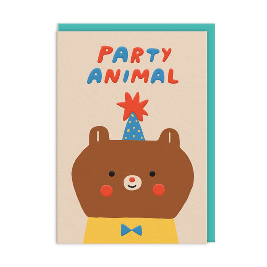 Party Animal Bear Card, bear illustration wearing a bow tie and party hat, card reads 'party animal' 
