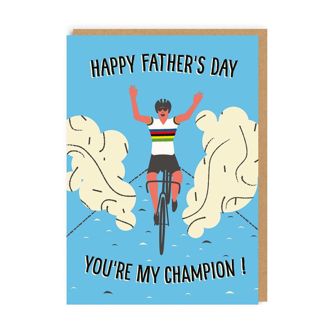 Father's Day Card with an illustration of a cheering cyclist. Text reads "Happy Father's Day, You're My Champion"