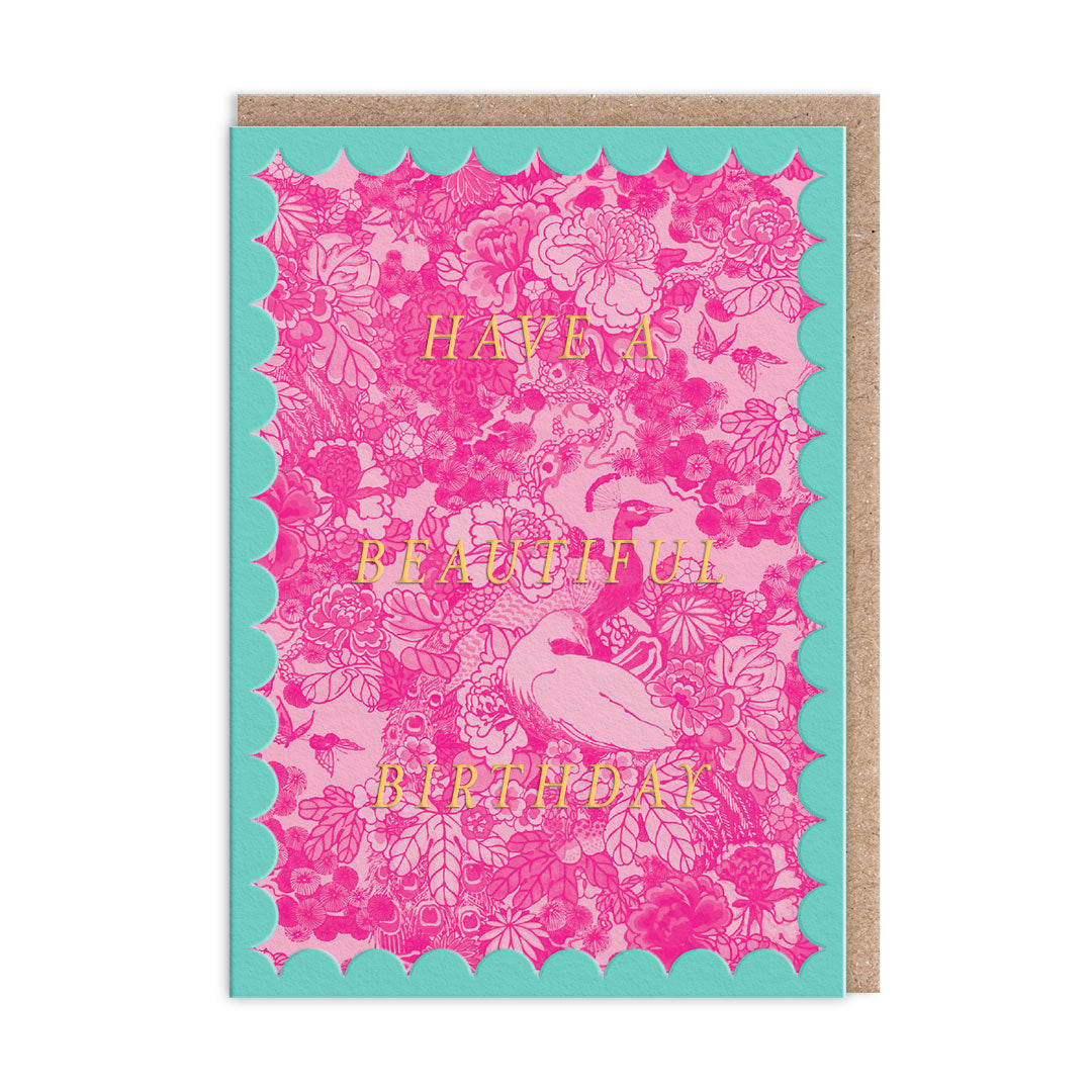 Scalloped Pink Peacock Birthday Card
