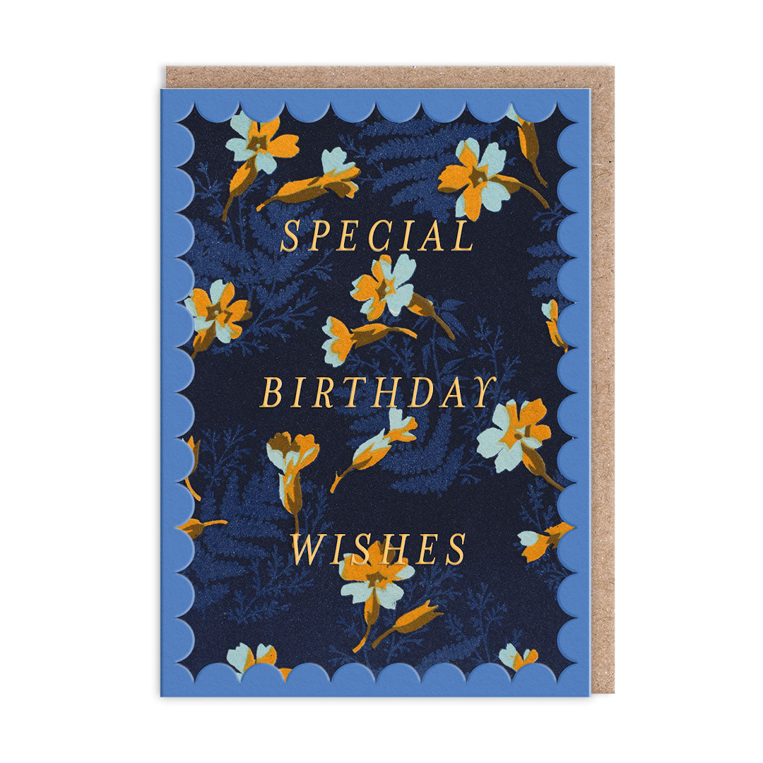 Scalloped Navy and Orange Floral Birthday Card