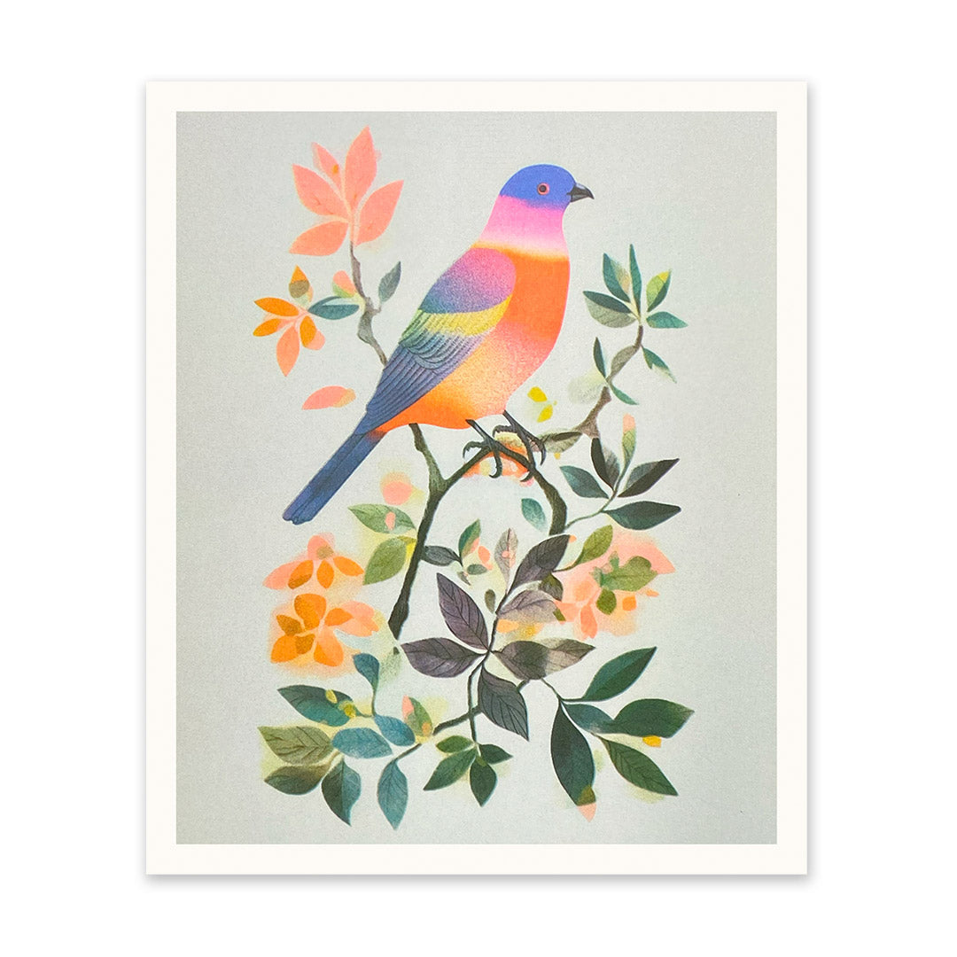 Neon Bird on Branch Art Print