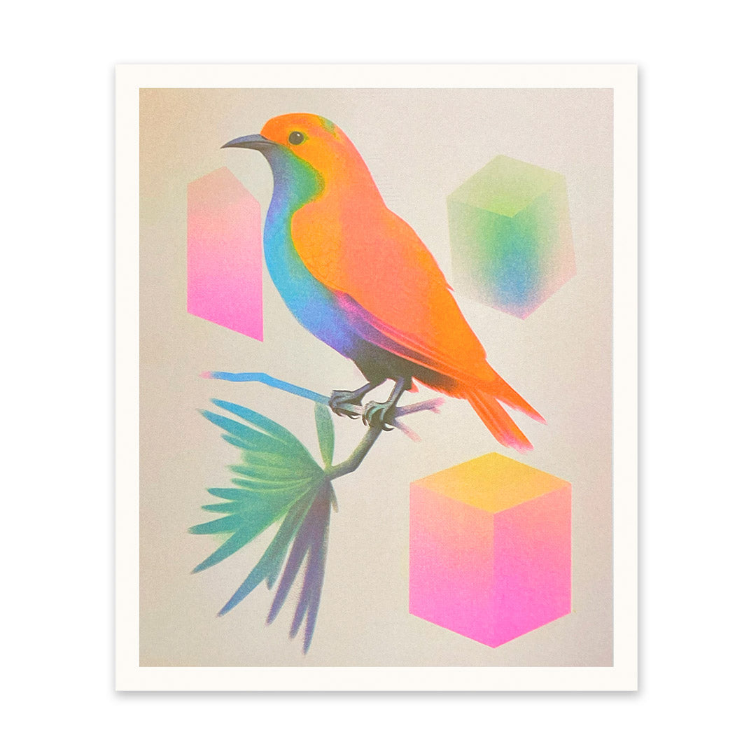 Neon Bird & Blocks Art Print