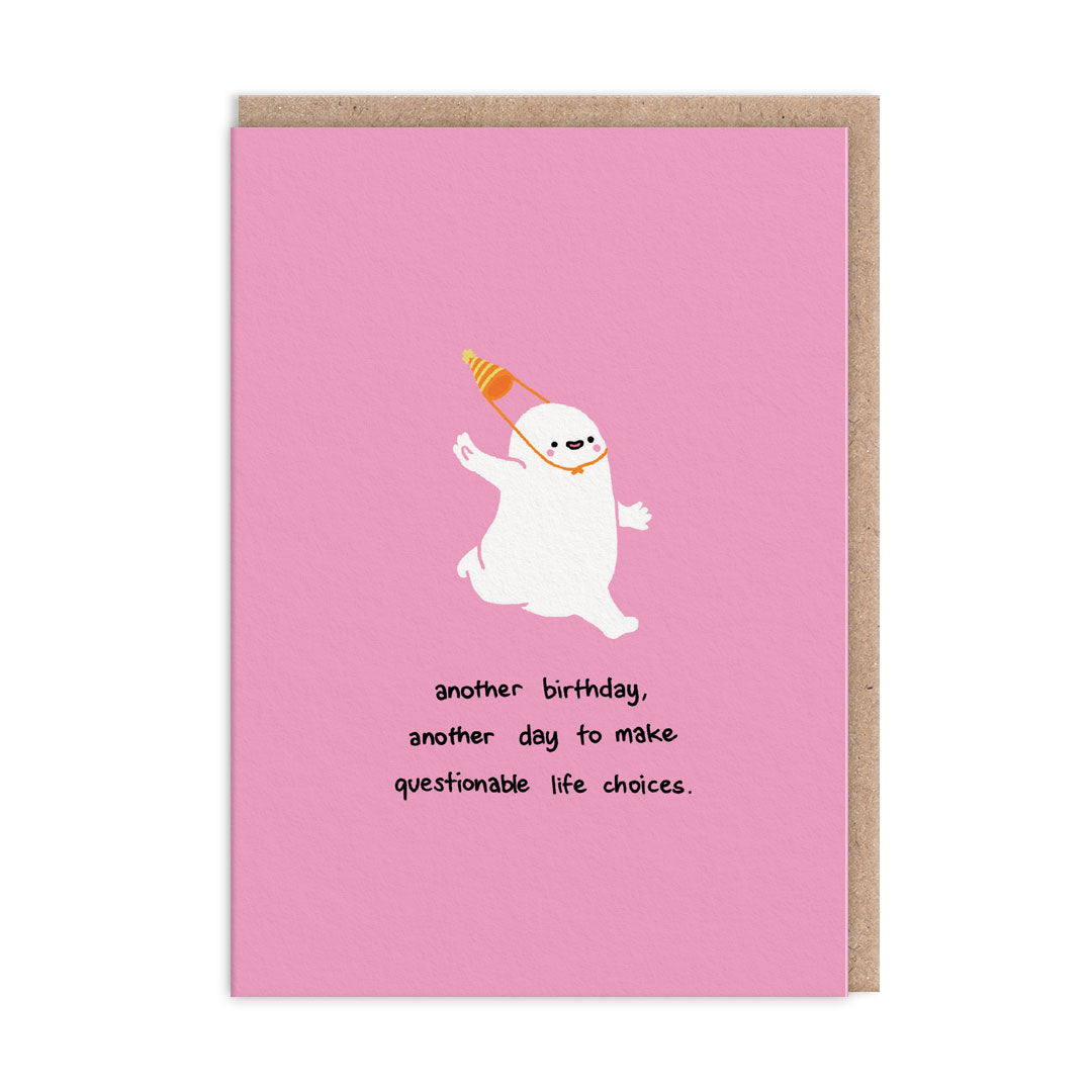 bold pink card, with nude illustration running with a party hat. Text reads "another birthday, another day to make questionable life choices"