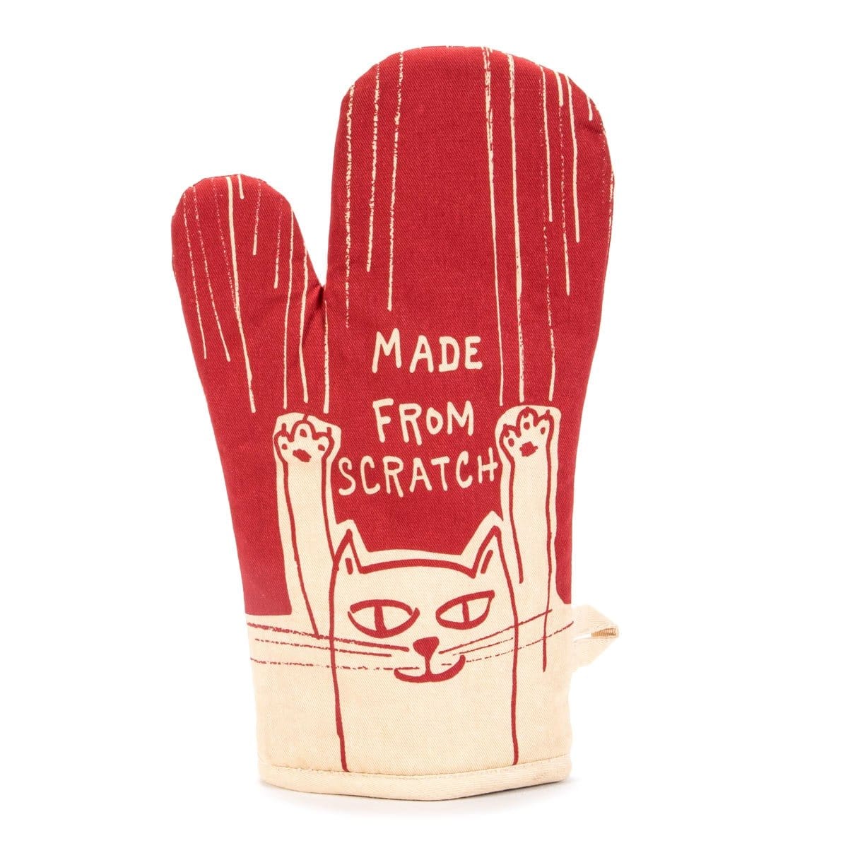 Oven glove with a cat scratching the glove. Text reads Made From Scratch