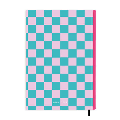 Turquoise & Pink Check Personalised Notebook A5