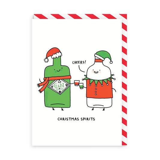 White funny Christmas Card with 2 spirits bottles clinking glasses saying cheers. Text reads Christmas Spirits