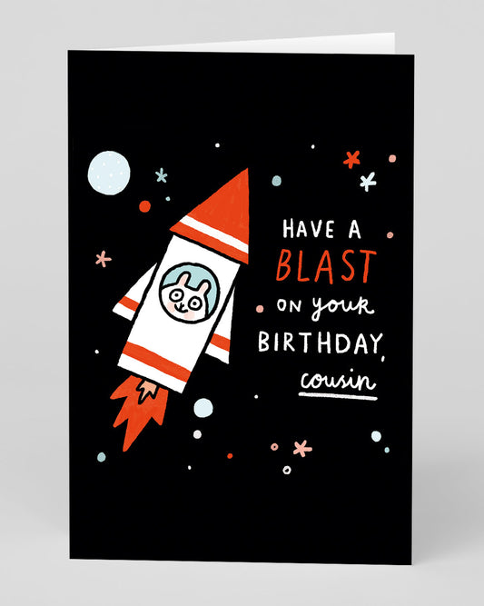 Personalised Spaceship Have A Blast Cousin Birthday Card