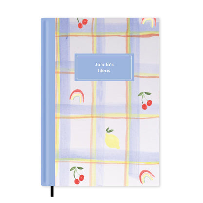 Blue Checked Rainbow & Cherries Personalised Notebook A5
