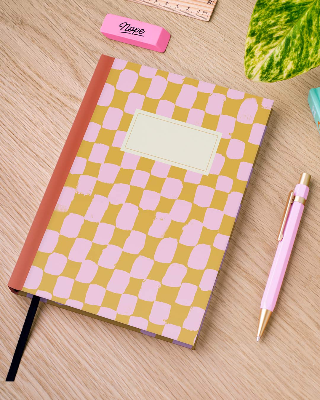 Painted Check Pink and Mustard Personalised Notebook