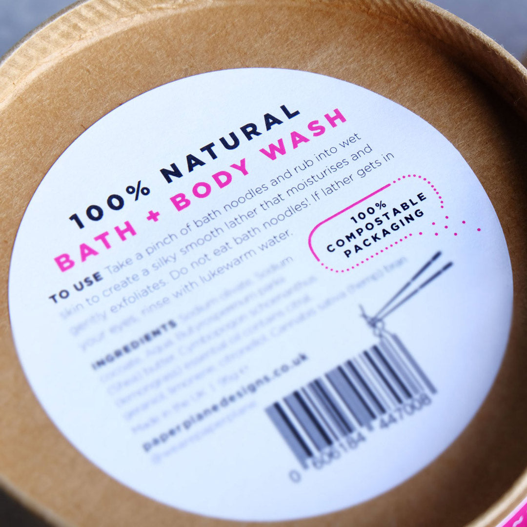 Tangy Thai box label - explaining 100% natural Bath & Body Wash with compostable packaging