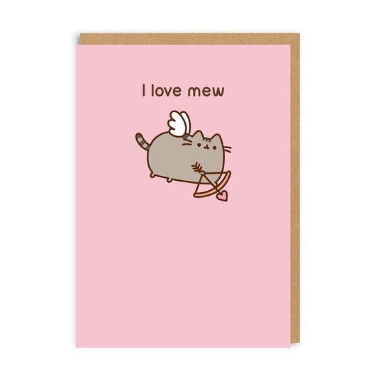Pink anniversary card with a Pusheen cupid illustration and the caption I Love Mew