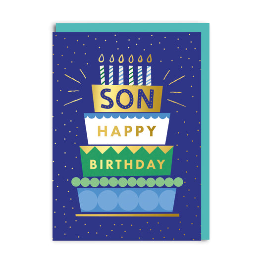 Blue Greeting Card with Cake - Text reads Son, Happy Birthday