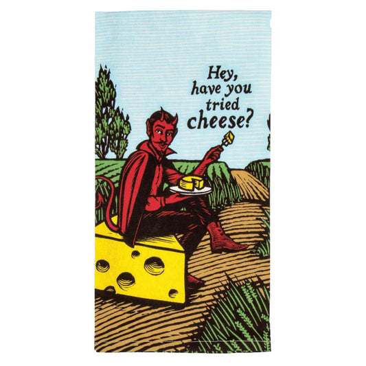 Close up of tea towel devil on a block of cheese illustration