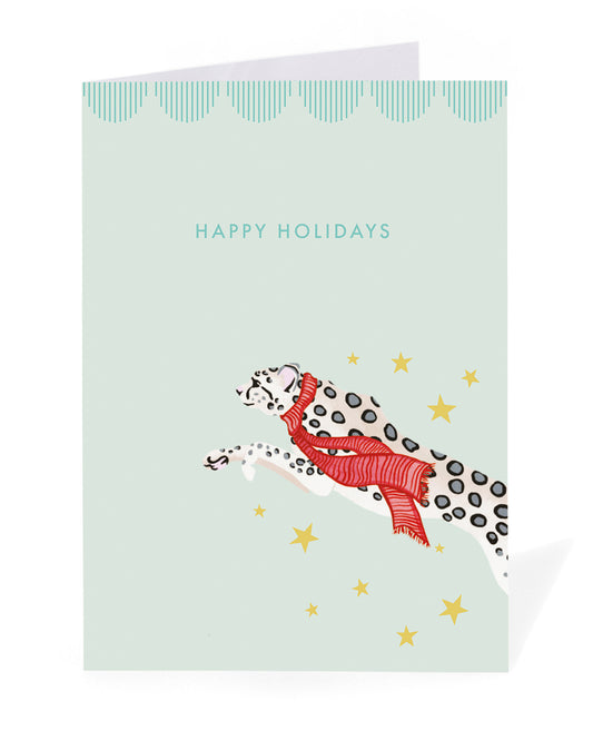 Personalised Happy Holidays Snow leopard Christmas Card