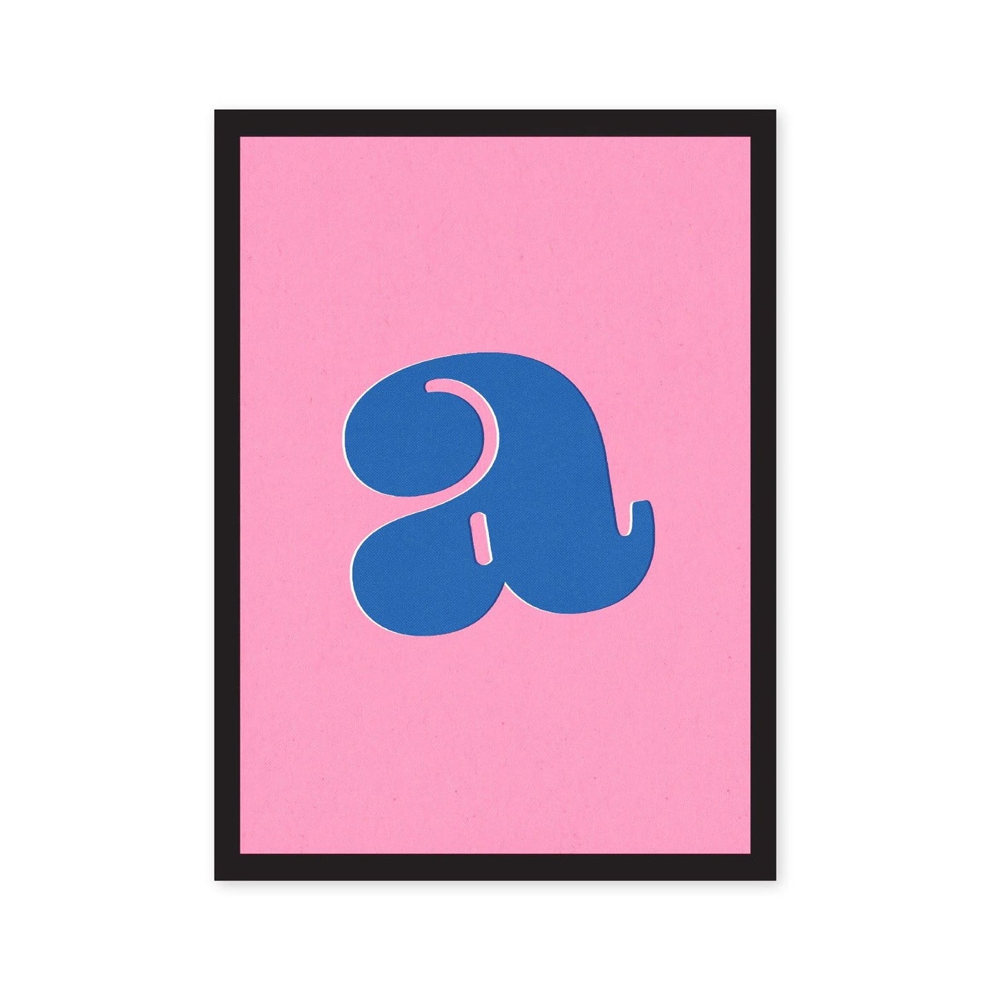 Pink art print with blue lowercase letter a in typography font