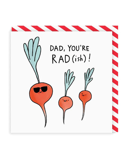 Square Greeting Card for Dad with cartoon Radishes. Text reads Dad you're rad(ish)