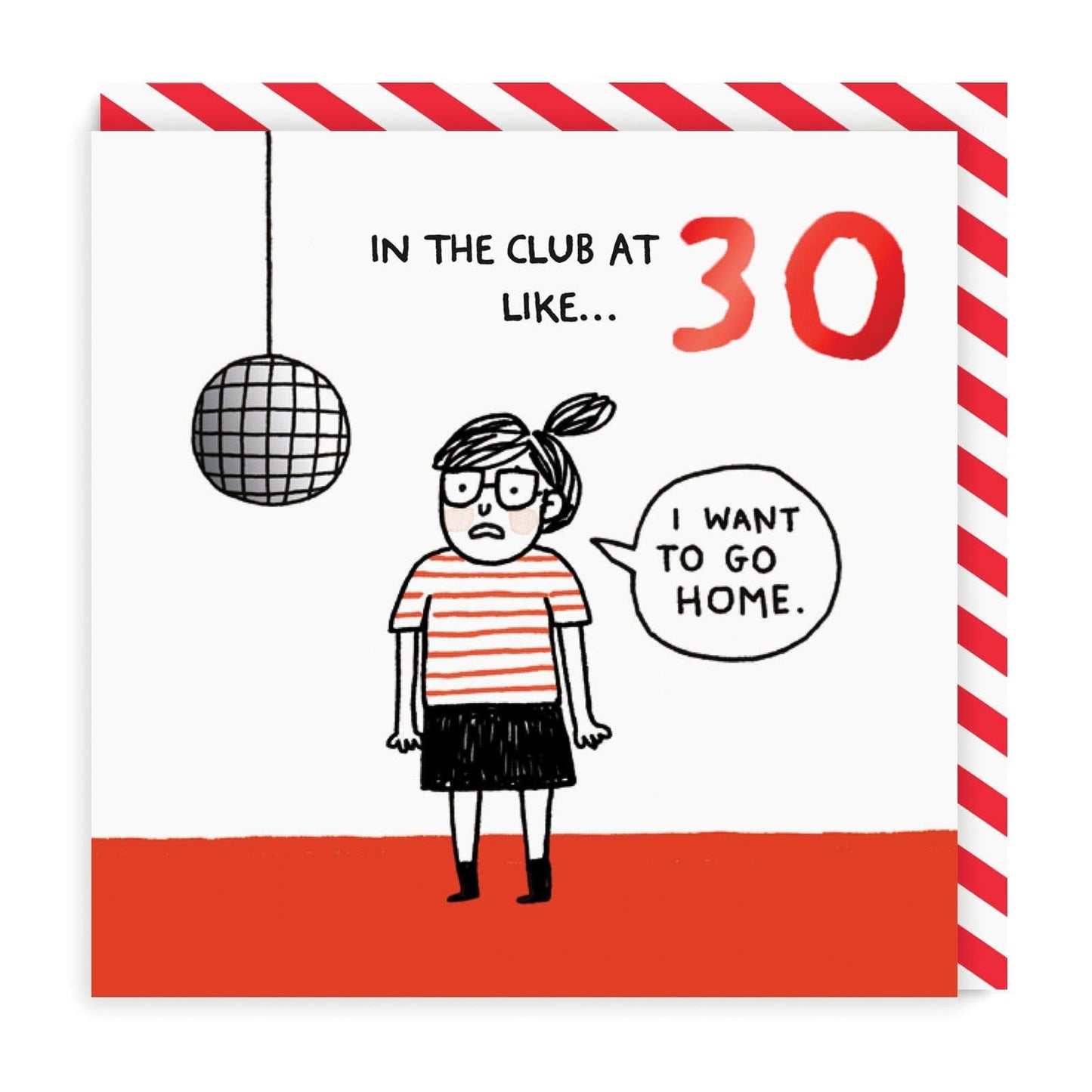30 birthday card with illustration of girl and disco ball in white, red and black