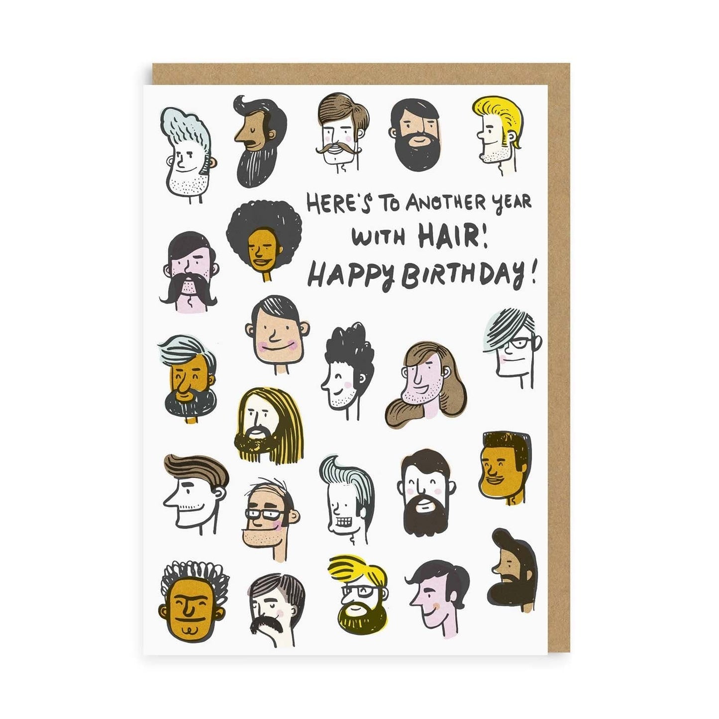 White birthday card with illustrated males faces with hair on head and black text