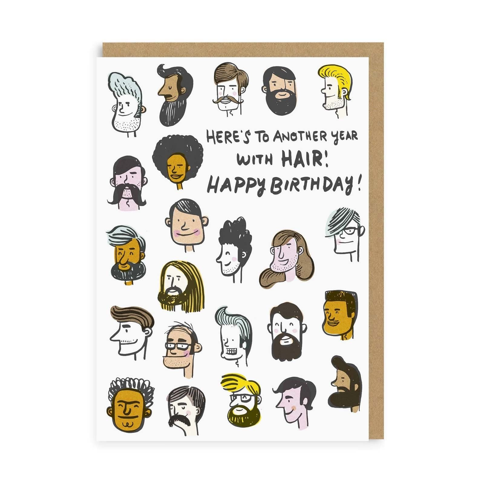 White birthday card with illustrated males faces with hair on head and black text