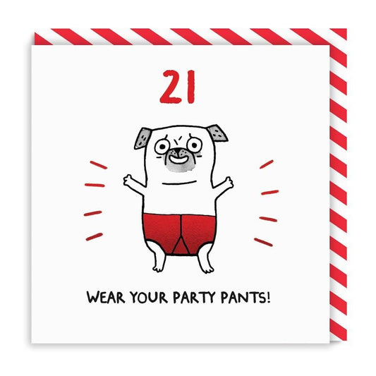 White 21 birthday card with illustrated pug in red pants, and envelope behind